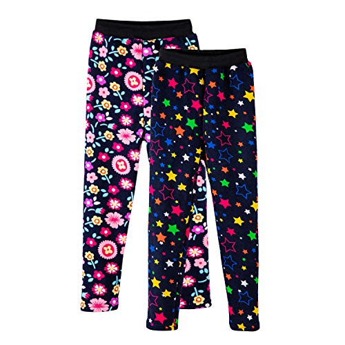 LPATTERN Kinder Mädchen 2 teilig Winter Leggings Thermo Leggins Stretch Strumpfhose Lange Hose Fleece-gefüttert, Sonnenblumen+ Farbig Sternen, 122-128(Label:140) von LPATTERN