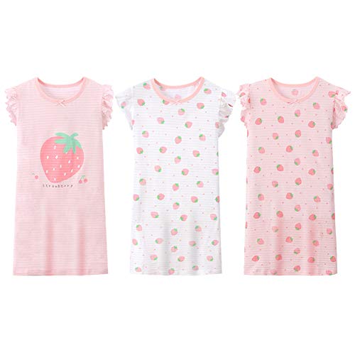 LPATTERN Kinder Mädchen 3er Pack Nachthemd Nachtwäsche Nachtkleid Schlafanzug Sleepwear aus Baumwolle - Erdbeere Motiv, Rosa Weiß Rosa | Erdbeere 3er Pack, 116(Label: 120) von LPATTERN