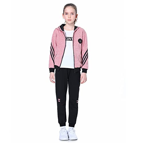 LPATTERN Kinder Mädchen 3tlg Bekleidungsset Sportanzug Trainingsanzug Jogginganzug Freizeitanzug Outfit-Set(Langarmshirt+ Kapuzenjacke+ Sporthose), Rosa(3-Teilig), 104-110(Label:110) von LPATTERN