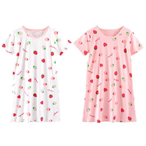 LPATTERN Kinder Mädchen Süß Nachthemd Baumwolle Nachtwäsche Nachtkleid Schlafanzug Sleepwear mit Kurzarm, Weiß Rosa A | Erdbeere 2er Pack, 104-110(Label: 110) von LPATTERN