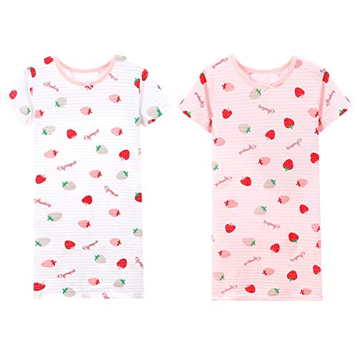 LPATTERN Kinder Mädchen Süß Nachthemd Baumwolle Nachtwäsche Nachtkleid Schlafanzug Sleepwear mit Kurzarm, Weiß Rosa B | Erdbeere 2er Pack, 152-158(Label: 160) von LPATTERN