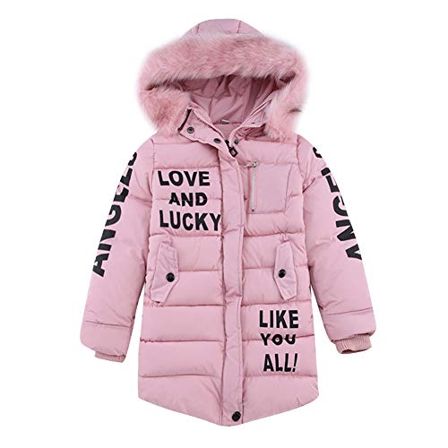 LPATTERN Kinder Mädchen Winterjacke Parka Mantel Baumwolle-gefüllte Steppjacke Winter Kleidung Outfit mit abnehmbar Fellkapuze- Buchstabe Motiv, Rosa, 116 von LPATTERN