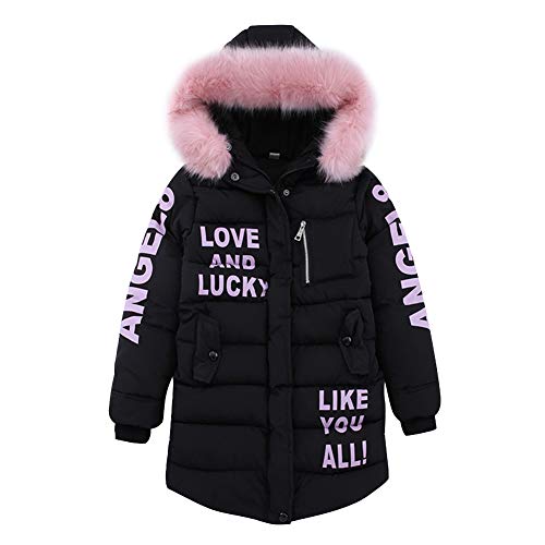 LPATTERN Kinder Mädchen Winterjacke Parka Mantel Baumwolle-gefüllte Steppjacke Winter Kleidung Outfit mit abnehmbar Fellkapuze- Buchstabe Motiv, Schwarz, 152-158 von LPATTERN