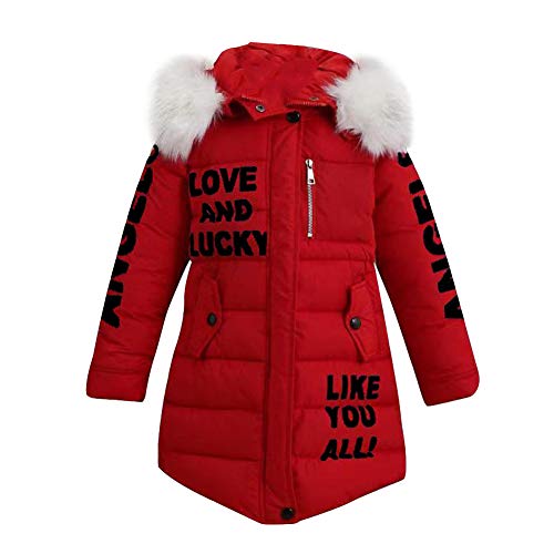 LPATTERN Kinder Mädchen Winterjacke Parka Mantel Baumwolle-gefüllte Steppjacke Winter Kleidung Outfit mit abnehmbar Fellkapuze- Buchstabe Motiv, rot, 152-158 von LPATTERN