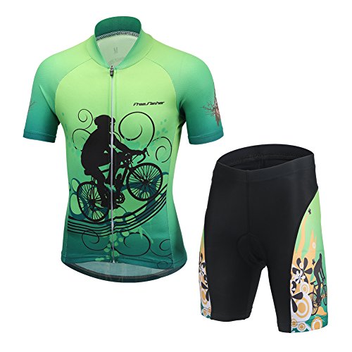 LPATTERN Kinder Radsport Bekleidung- Jungen/Mädchen Fahrrad Trikot-Set(Trikot Kurzarm+Kurz Radhose), B2192-Schwarz Radfahrer auf Grün, 152/158(Label: 3XL) von LPATTERN