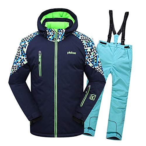 LPATTERN Kinder Skifahren Bekleidung - Kinder Jungen/Mädchen Zweiteilig Skianzug Schneeanzug Outfit-Set(Skijacke+ Skihose), Marineblau Jacke+ 02 Hellblau Trägerhose, 158/164 von LPATTERN