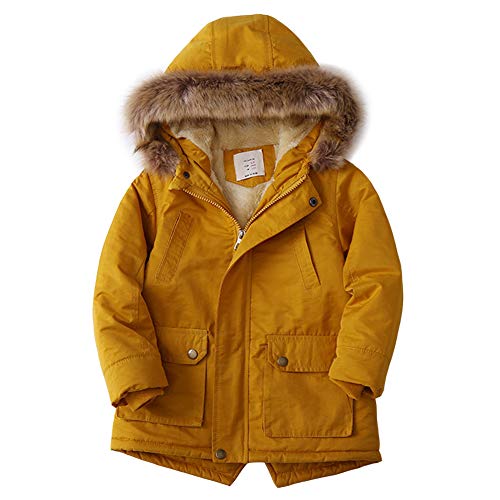 LPATTERN Kinder Winterjacke Jungen Wintermantel mit Fellkapuze Winddicht Warme Verdicken Winter Mantel Parka Outdoorjacke, Gelb, 146 von LPATTERN