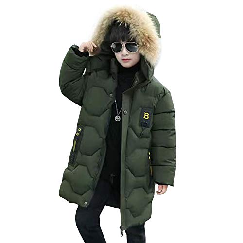 LPATTERN Wintermantel Kinder Jungen Baumwolle-gefüllte Winterjacke mit Fellkapuze Übergangsjacke Winter Steppjacke Warm Winddicht, Armeegrün, 146 von LPATTERN