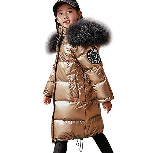 LPATTERN Kinder Mädchen/Jungen Daunenmantel Daunenjacke Wintermantel Winterjacke Daunen Steppjacke mit Fellkapuze, Golden, 146 von LPATTREN