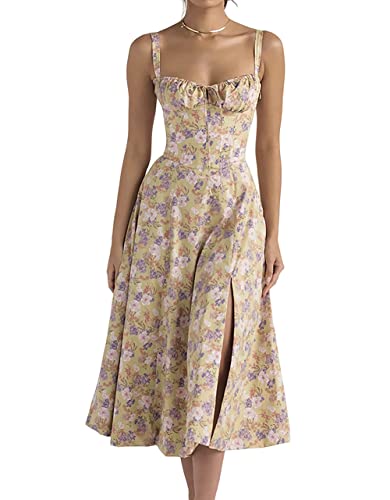 LPBSKHJW Damen-Korsett mit Blumenmuster, Midi-Kleid, bedrucktes Bustier-Sommerkleid, Sommer-Strand-Korsettkleid, fließender Schlitz-Sommerkleid, a, Small von LPBSKHJW