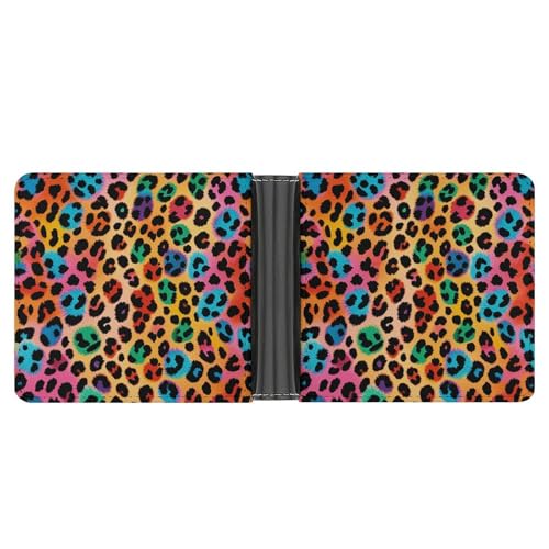 LPSADGF Border Collie Herren Geldbörse Leder Geldklammer Slim Passcase mit 6 Kartenfächern, 2 versteckten Taschen, Farbenfroher Leopard, Einheitsgröße, Modern von LPSADGF