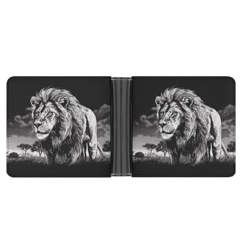 LPSADGF Französische Bulldogge Herren Geldbörse Leder Geldklammer Slim Passcase mit 6 Kartenfächern, 2 versteckten Taschen, Löwen-Schwarz-Weiß-Illustration, One size, Modern von LPSADGF