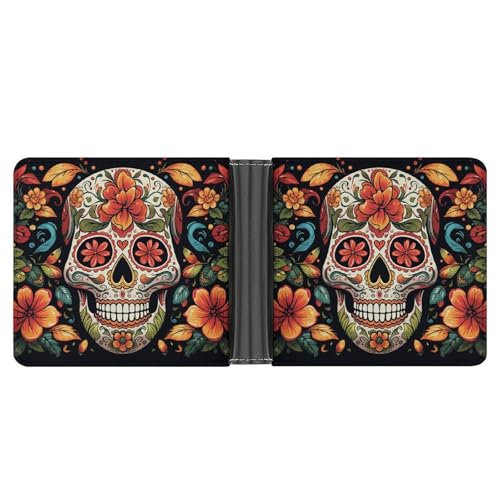 LPSADGF Full Moon Herren Geldbörse Leder Geldklammer Slim Passcase mit 6 Kartenfächern, 2 versteckten Taschen, Bunter Totenkopf, One size, Modern von LPSADGF