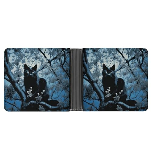 LPSADGF Hawaiianische Herren-Geldbörse mit buntem Blumenmotiv, Leder, Geldklammer mit 6 Kartenfächern, 2 versteckten Taschen, Schwarze Katze auf Baum, One size, Modern von LPSADGF