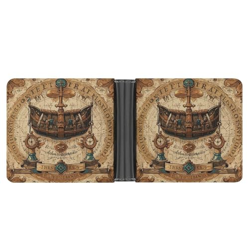 LPSADGF Holzbrett Arrangement Herren Geldbörse Leder Geldklammer Slim Passcase mit 6 Kartenfächern, 2 versteckten Taschen, Antike Schatzkarte, Einheitsgröße, Modern von LPSADGF