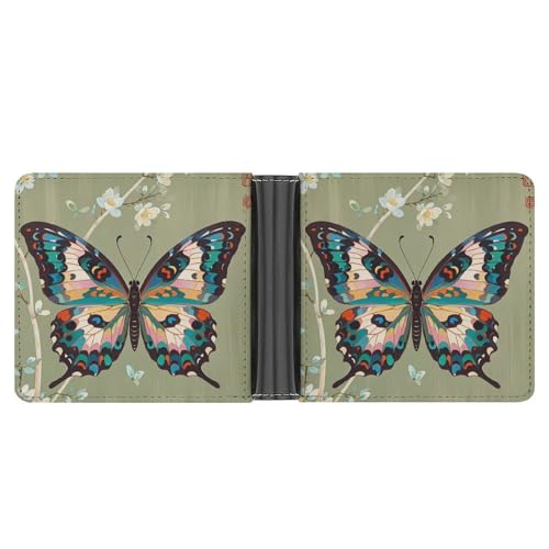 LPSADGF Holzbrett Arrangement Herren Geldbörse Leder Geldklammer Slim Passcase mit 6 Kartenfächern, 2 versteckten Taschen, Antiker Schmetterling, Einheitsgröße, Modern von LPSADGF