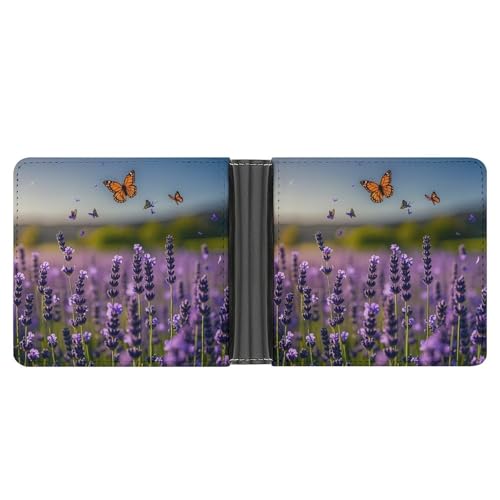 LPSADGF Holzbrett Arrangement Herren Geldbörse Leder Geldklammer Slim Passcase mit 6 Kartenfächern, 2 versteckten Taschen, Lavendel und Schmetterlinge, Einheitsgröße, Modern von LPSADGF