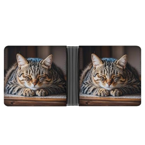 LPSADGF Holzbrett Arrangement Herren Geldbörse Leder Geldklammer Slim Passcase mit 6 Kartenfächern, 2 versteckten Taschen, Schlafende Katze, Einheitsgröße, Modern von LPSADGF