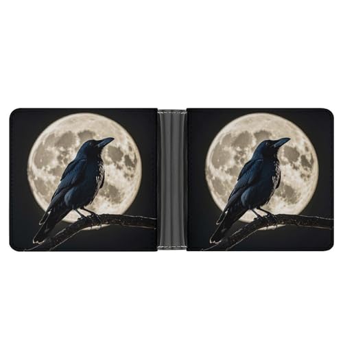 LPSADGF Holzbrett Arrangement Herren Geldbörse Leder Geldklammer Slim Passcase mit 6 Kartenfächern, 2 versteckten Taschen, Schwarze Krähe auf Vollmond, Einheitsgröße, Modern von LPSADGF