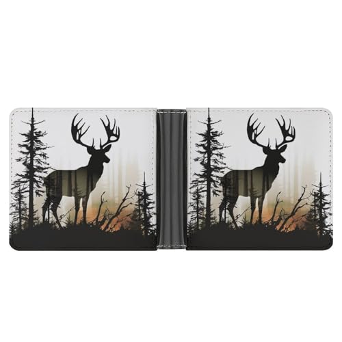 LPSADGF Katze sitzt auf Geschenkbox Herren Geldbörse Leder Geldklammer Slim Passcase mit 6 Kartenfächern, 2 versteckten Taschen, Hirsch-Silhouette, One size, Modern von LPSADGF