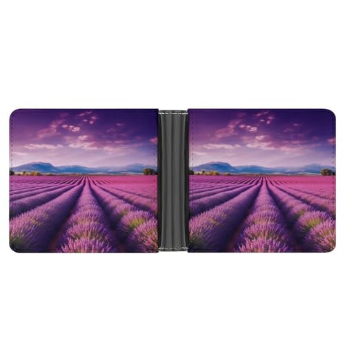 LPSADGF Katze sitzt auf Geschenkbox Herren Geldbörse Leder Geldklammer Slim Passcase mit 6 Kartenfächern, 2 versteckten Taschen, Lavendelfelder, One size, Modern von LPSADGF