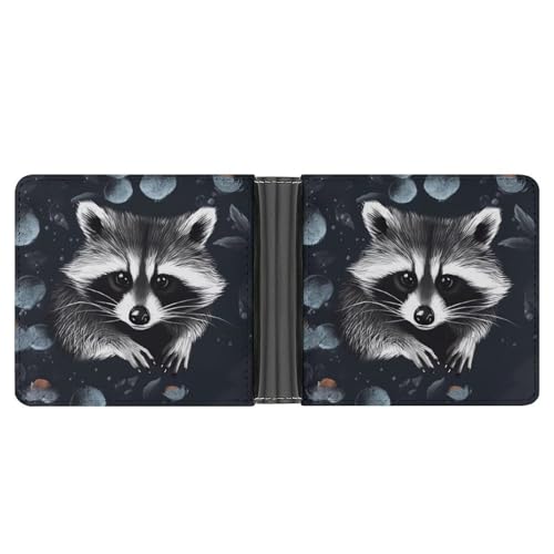 LPSADGF Katze sitzt auf Geschenkbox Herren Geldbörse Leder Geldklammer Slim Passcase mit 6 Kartenfächern, 2 versteckten Taschen, Raccoo Muster, One size, Modern von LPSADGF