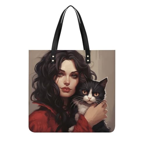 LPSADGF Motten-Tragetasche für Damen, Lederhandtasche, Make-up-Tasche mit magnetischer Schnalle, Freizeittasche, Frau hält eine Katze, 39x39cm LPSADGF Motten-Tragetasche für Damen, Lederhandtasche, Make-up-Tasche mit magnetischer Schnalle, Freizeittasche, Frau hält eine Katze, 39x39cm von LPSADGF