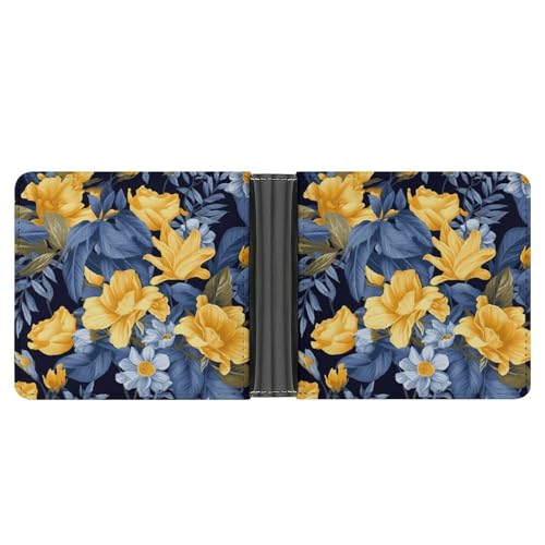 LPSADGF New York City Skyline Herren Geldbörse Leder Geldklammer Slim Passcase mit 6 Kartenfächern, 2 versteckten Taschen, Blaue Basis, gelbes Blumenmuster, Einheitsgröße, Modern von LPSADGF