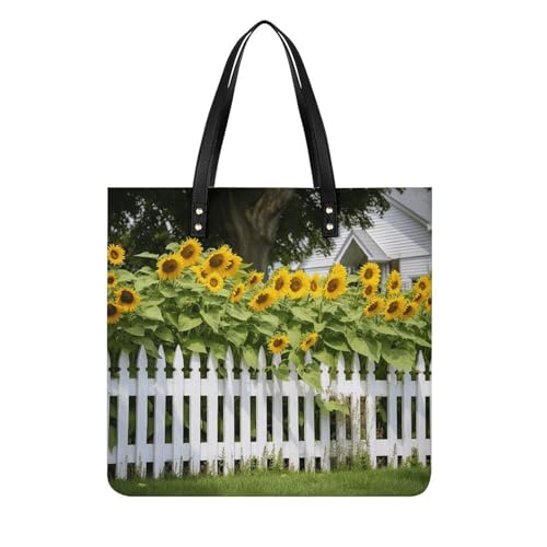 LPSADGF Sea Sunset Flying Dragon Tote Bags for Women Leather Handbag Makeup Bag with Magnetic Buckle Design Casual Bag, Lattenzaun mit Sonnenblumen, Weiß, 39x39cm LPSADGF Sea Sunset Flying Dragon Tote Bags for Women Leather Handbag Makeup Bag with Magnetic Buckle Design Casual Bag, Lattenzaun mit Sonnenblumen, Weiß, 39x39cm von LPSADGF