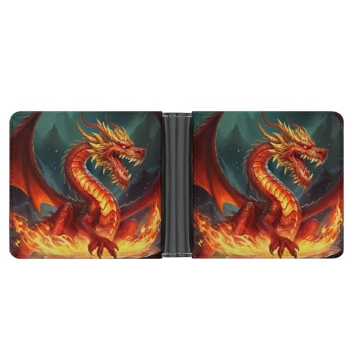 LPSADGF Strandlandschaft Herren Geldbörse Leder Geldklammer Slim Passcase mit 6 Kartenfächern, 2 versteckten Taschen, Drachenkönig im Feuer, One size, Modern von LPSADGF