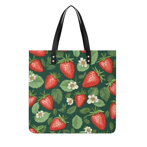 LPSADGF Tragetasche für Damen, Motiv: frische Erdbeeren und Blätter, Lederhandtasche, Make-up-Tasche mit magnetischer Schnalle, Freizeittasche, Frische Erdbeeren und Blätter, 39x39cm LPSADGF Tragetasche für Damen, Motiv: frische Erdbeeren und Blätter, Lederhandtasche, Make-up-Tasche mit magnetischer Schnalle, Freizeittasche, Frische Erdbeeren und Blätter, 39x39cm von LPSADGF