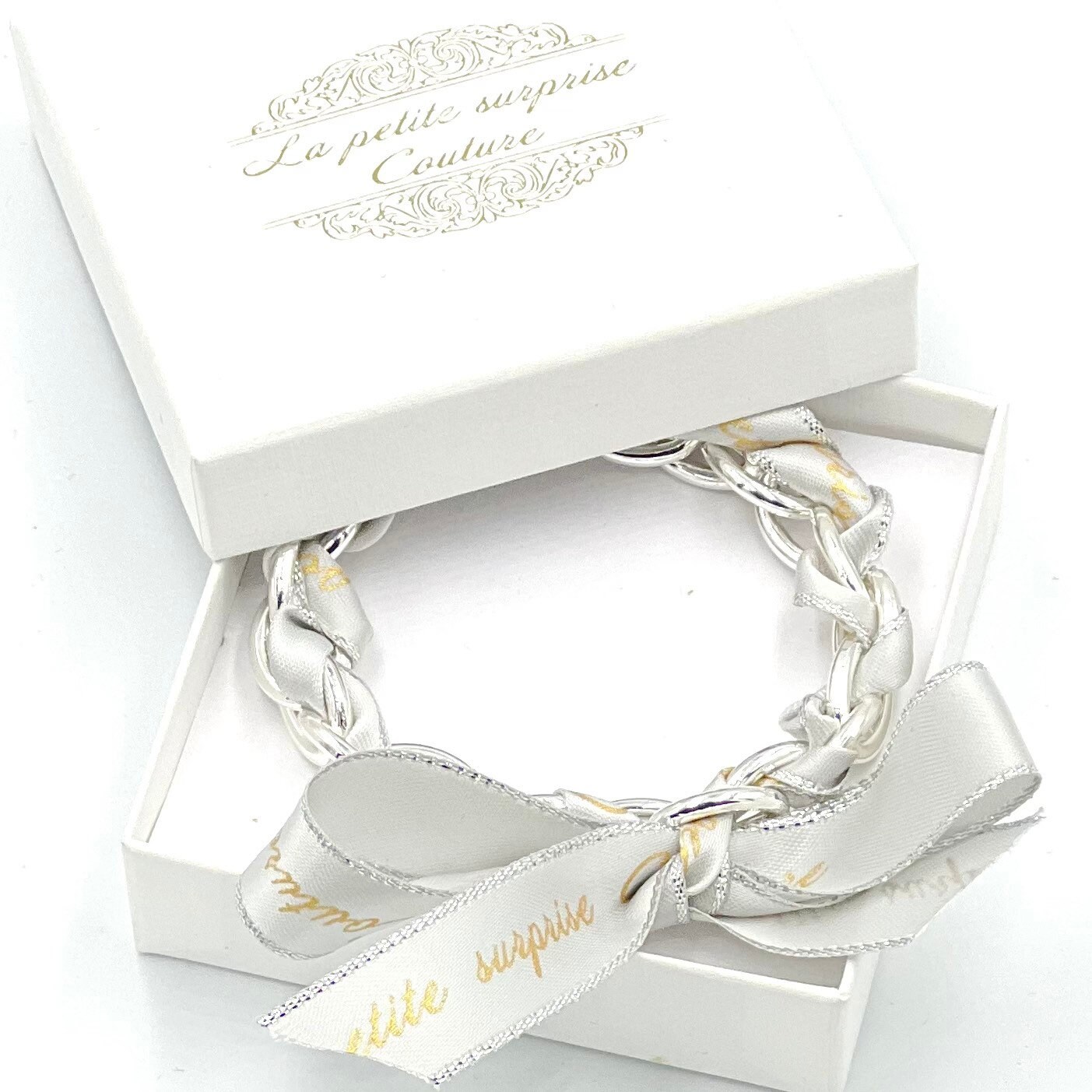 Gliederarmband Chunky Armband Mit Schleife La Petite Surprise Couture Hellgrau Edelstahl Silber Geschenk von LPSCoutureShop