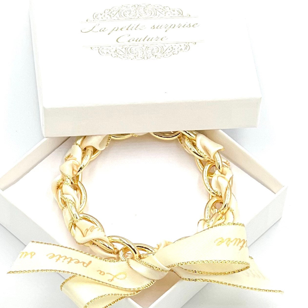 Gliederarmband Chunky Armband Mit Schleife La Petite Surprise Couture Vanille Edelstahl Gold Geschenk von LPSCoutureShop
