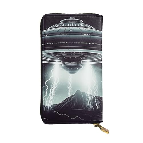LPSRTWE Ultra Slim Damen Leder Geldbörse mit außerirdischem Raumschiff Muster Lange Geldbörse Kreditkarte Kartenhalter Tasche Doppelklappen Schwarz One Size Klassisch Schwarz, Schwarz , one size von LPSRTWE