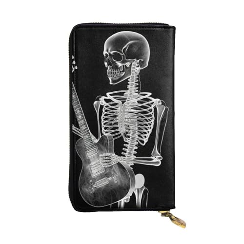 LPSRTWE Ultra Slim Dünne Leder Frauen Geldbörse Abstraktes Totenkopf Skelett Spielende Gitarre Lange Münzbörse Kreditkartenhalter Bifold Clutch, Schwarz, Einheitsgröße, klassisch, Schwarz von LPSRTWE