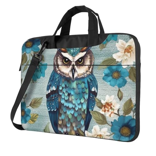 Laptoptasche Laptop-Tragetasche Eule Frühling Blumen Türkis Messenger Umhängetasche mit Schultergurt Computertasche 13 Zoll von LPSRTWE