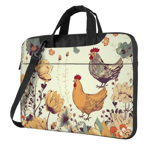 Laptoptasche Laptop-Tragetasche Henne fliegende Schmetterlinge unter Blumen Messenger Umhängetasche mit Schultergurt Computertasche, Schwarz, 15.6 inch von LPSRTWE