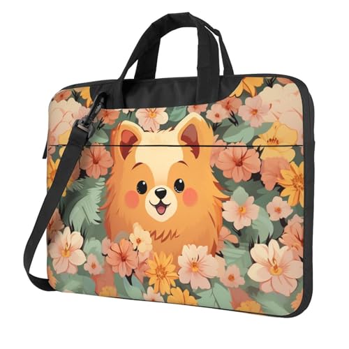 Laptoptasche Laptop-Tragetasche Pomeranians Cartoon Blumen Messenger Umhängetasche mit Schultergurt Computertasche 13 Zoll von LPSRTWE