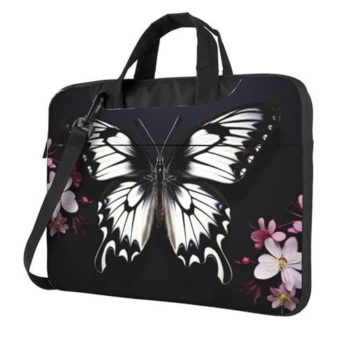 Laptoptasche Laptop-Tragetasche Schwarz Weiß Schmetterling Messenger Umhängetasche mit Schultergurt Computertasche 35,6 cm (14 Zoll) von LPSRTWE