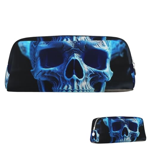 Leder-Federmäppchen, niedliches Federmäppchen, mit Reißverschluss, ästhetisches Stifteetui, 3D-Druck, blauer Totenkopf, Kosmetiktasche für Damen und Herren, silber, Einheitsgröße von LPSRTWE