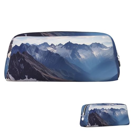 Leder-Federmäppchen, niedliches Federmäppchen mit Reißverschluss, ästhetische Stifttasche, Alpen-Panorama, Kosmetiktasche, Make-up-Tasche für Männer und Frauen, silber, Einheitsgröße von LPSRTWE