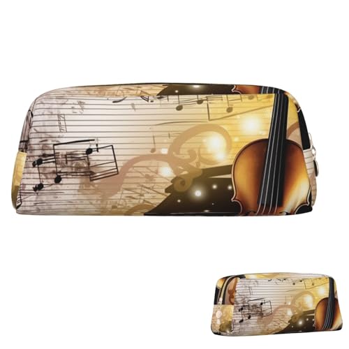 Leder-Federmäppchen, niedliches Federmäppchen mit Reißverschluss, ästhetische Stifttasche, Klavier, Violine, Musiknoten, Kosmetiktasche, Make-up-Tasche für Männer und Frauen, gold, Einheitsgröße von LPSRTWE