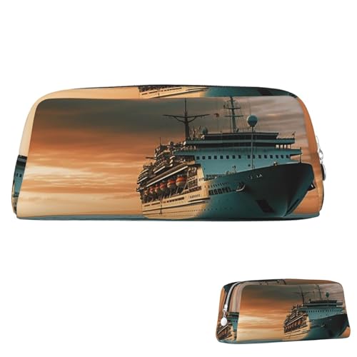 Leder-Federmäppchen, niedliches Federmäppchen mit Reißverschluss, ästhetische Stifttasche, Kreuzfahrtschiff, Kosmetiktasche, Make-up-Tasche für Männer und Frauen, silber, Einheitsgröße von LPSRTWE