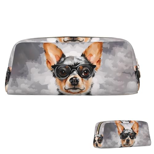 Leder-Federmäppchen, niedliches Federmäppchen mit Reißverschluss, ästhetisches Federmäppchen, Chihuahua, Hund, Brille, Kosmetik, Make-up-Tasche für Männer und Frauen, gold, Einheitsgröße Leder-Federmäppchen, niedliches Federmäppchen mit Reißverschluss, ästhetisches Federmäppchen, Chihuahua, Hund, Brille, Kosmetik, Make-up-Tasche für Männer und Frauen, gold, Einheitsgröße von LPSRTWE