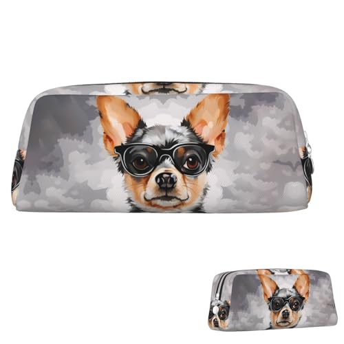 Leder-Federmäppchen, niedliches Federmäppchen mit Reißverschluss, ästhetisches Federmäppchen, Chihuahua, Hund, Brille, Kosmetik, Make-up-Tasche für Männer und Frauen, silber, Einheitsgröße von LPSRTWE