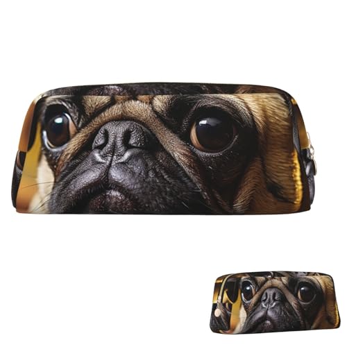 Leder-Federmäppchen, niedliches Federmäppchen mit Reißverschluss, ästhetisches Federmäppchen, Mops, Kosmetiktasche, Make-up-Tasche für Männer und Frauen, gold, Einheitsgröße Leder-Federmäppchen, niedliches Federmäppchen mit Reißverschluss, ästhetisches Federmäppchen, Mops, Kosmetiktasche, Make-up-Tasche für Männer und Frauen, gold, Einheitsgröße von LPSRTWE