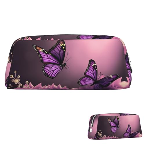 Leder-Federmäppchen, niedliches Federmäppchen mit Reißverschluss, ästhetisches Stifteetui, 3D-Blumen und violetter Schmetterling, Kosmetiktasche für Damen und Herren, silber, Einheitsgröße von LPSRTWE