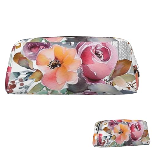 Leder-Federmäppchen, niedliches Federmäppchen mit Reißverschluss, ästhetisches Stifteetui, Aquarell-Blumenecke, Blumenstrauß, Kosmetiktasche für Damen und Herren, silber, Einheitsgröße von LPSRTWE