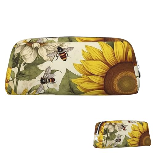 Leder-Federmäppchen, niedliches Federmäppchen mit Reißverschluss, ästhetisches Stifteetui, Bienen, Sonnenblumen, Gänseblümchen, Rose, Blumen, Kosmetiktasche, Make-up-Tasche für Männer und Frauen von LPSRTWE