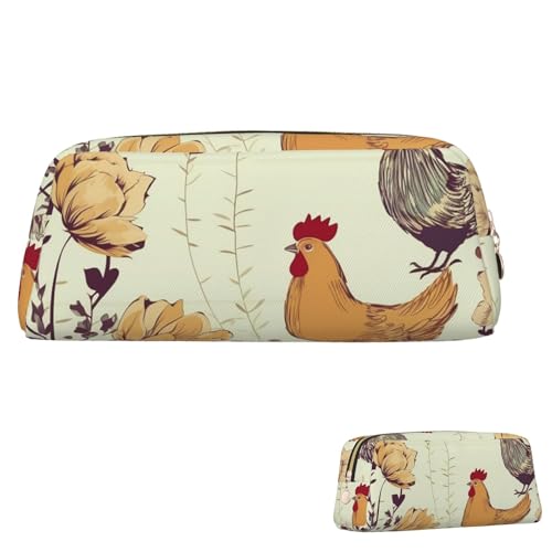 Leder-Federmäppchen, niedliches Federmäppchen mit Reißverschluss, ästhetisches Stifteetui, Henne fliegende Schmetterlinge unter Blumen, Kosmetiktasche für Damen und Herren, gold, Einheitsgröße von LPSRTWE